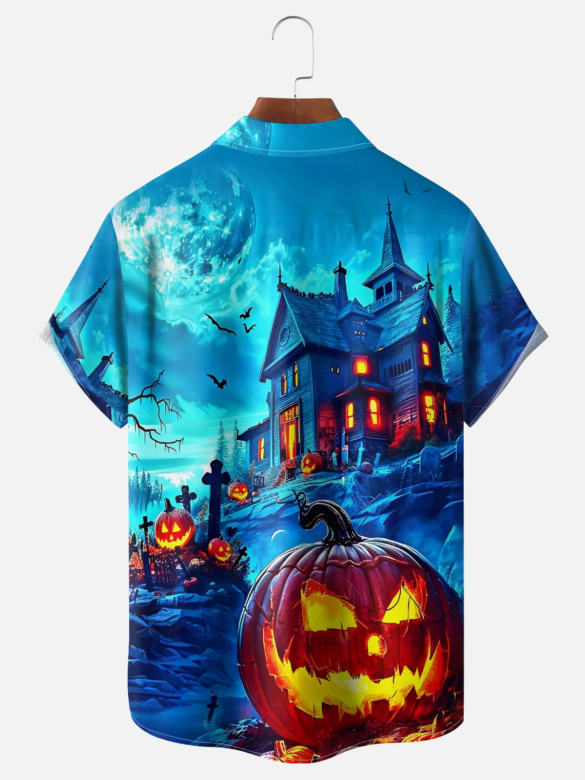 Moisture-wicking Halloween Pumpkin Castle Fun Chest Pocket Casual Shirt