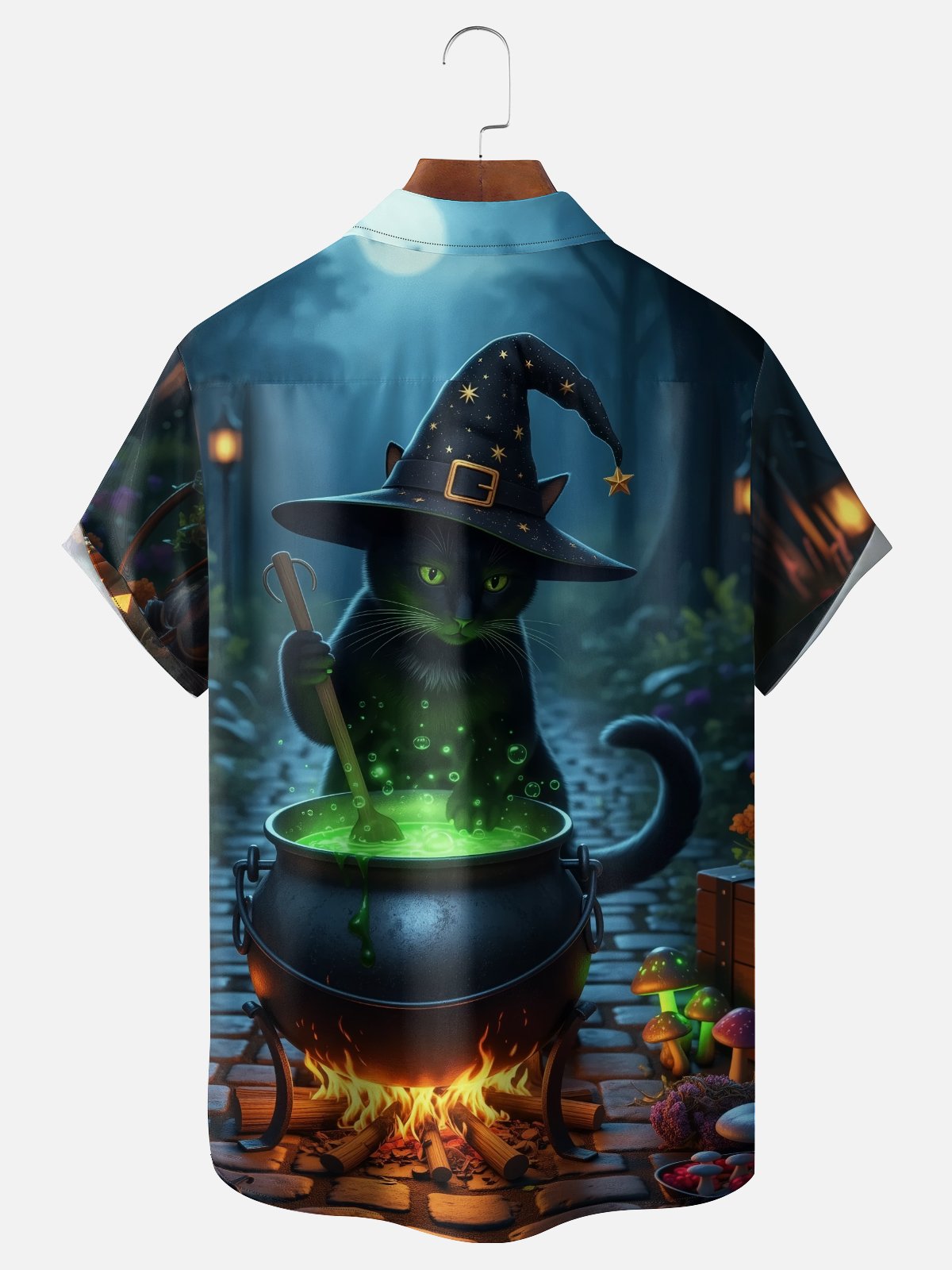 Moisture-wicking Halloween Cat Witch Magic Chest Pocket Casual Shirt