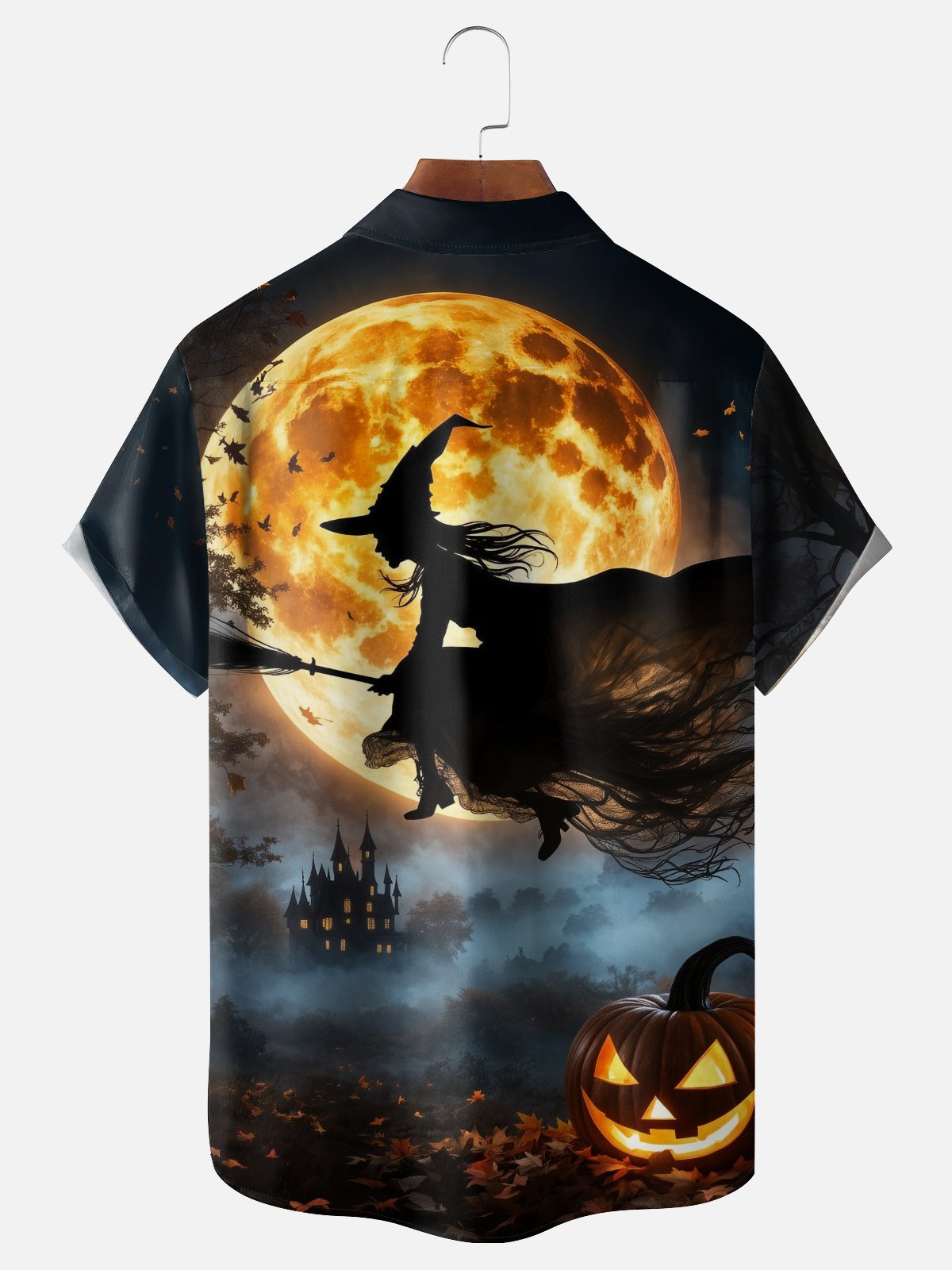 Moisture-wicking Halloween Witch Pumpkin Moon Castle Chest Pocket Casual Shirt