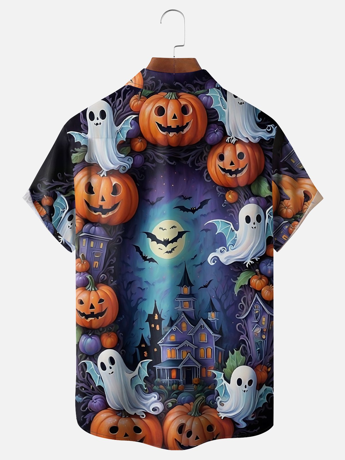 Moisture-wicking Halloween Castle Ghost Pumpkin Chest Pocket Casual Shirt