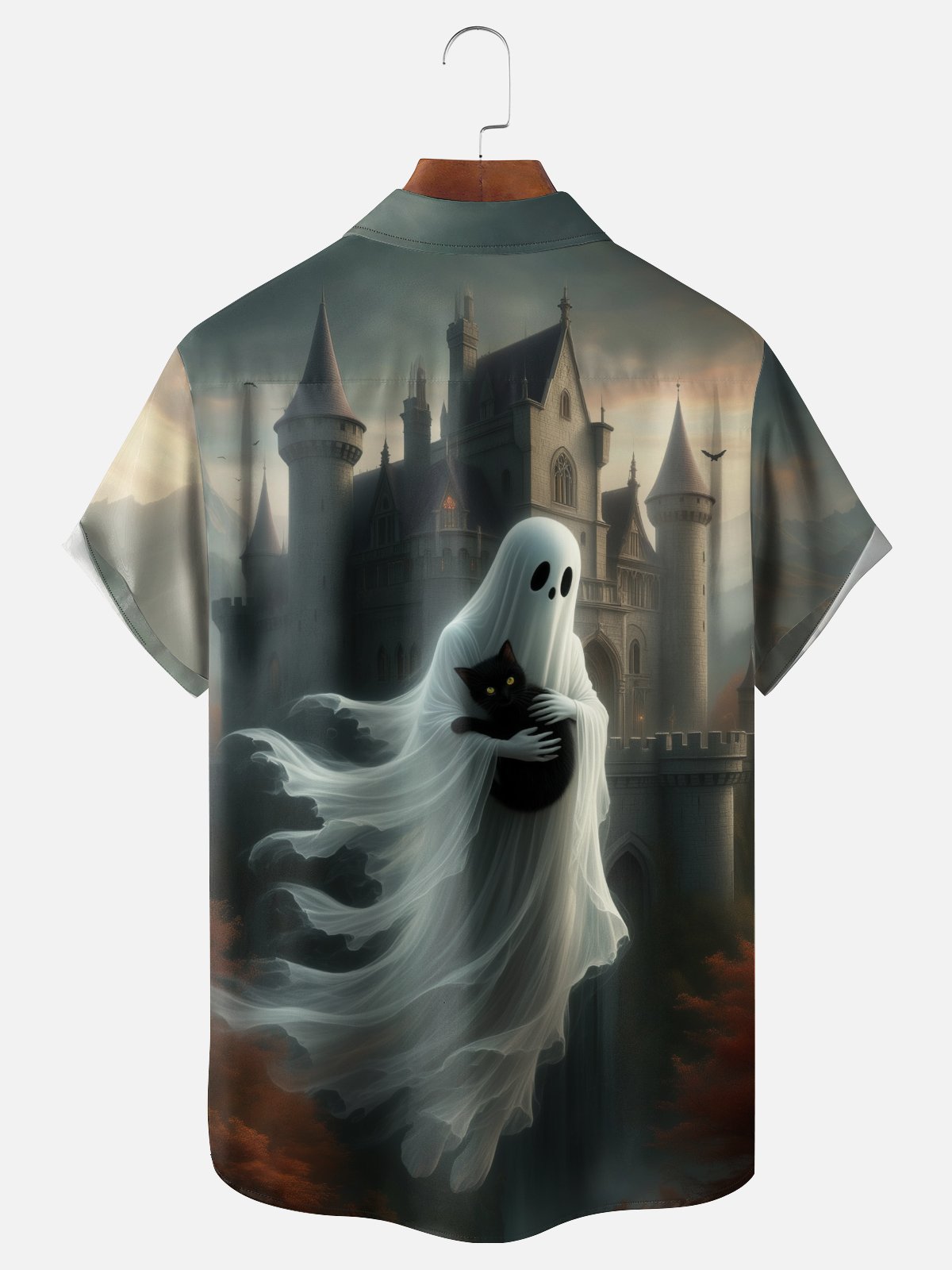 Moisture-wicking Halloween Ghost Cat Castle Chest Pocket Casual Shirt