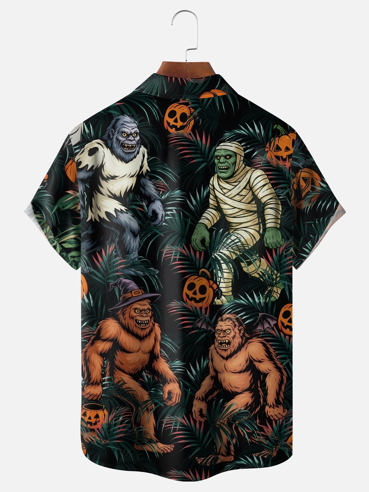 Moisture-wicking Halloween Bigfoot Pumpkin Chest Pocket Casual Shirt