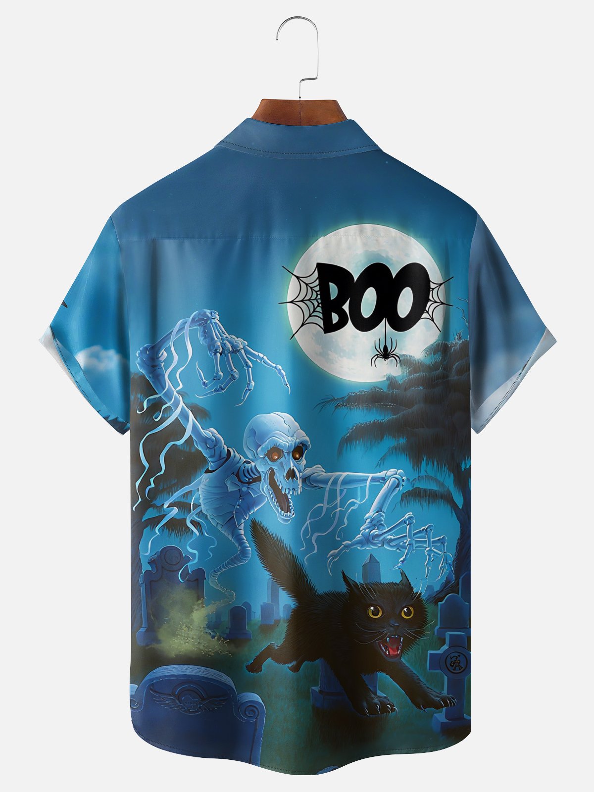Moisture Wicking Halloween Skeleton Chasing Cat Chest Pocket Hawaiian Shirt