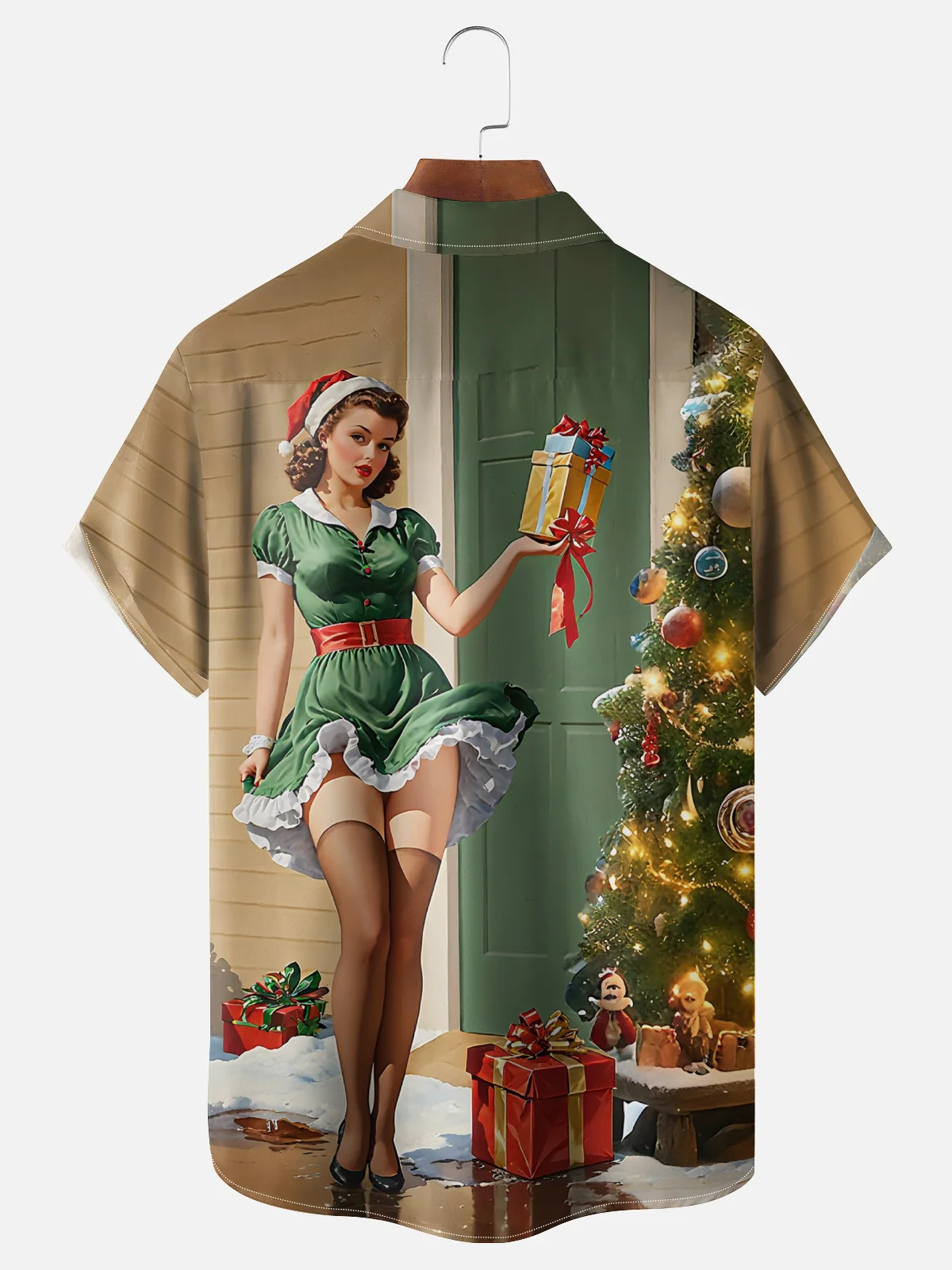 Moisture-wicking Christmas Retro Girl Funny Christmas Tree Chest Pocket Casual Shirt