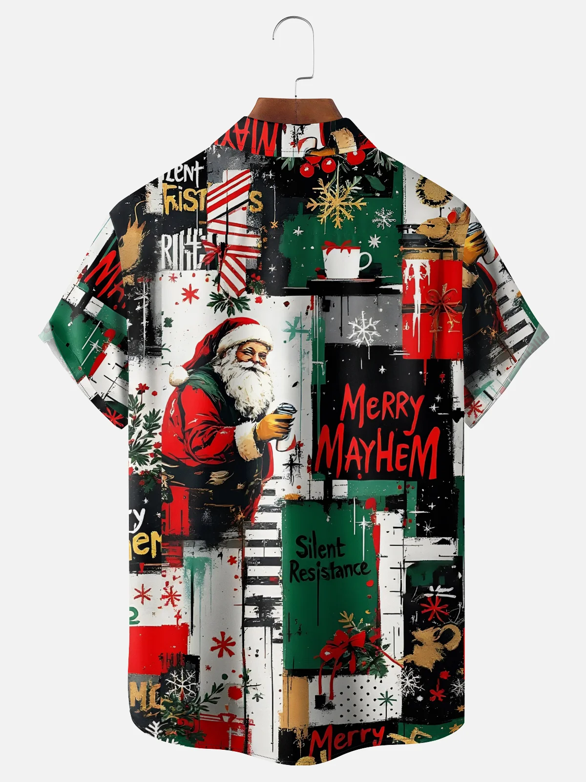 Moisture-Wicking Christmas Santa Claus Abstract Geometric Chest Pocket Hawaiian Shirt