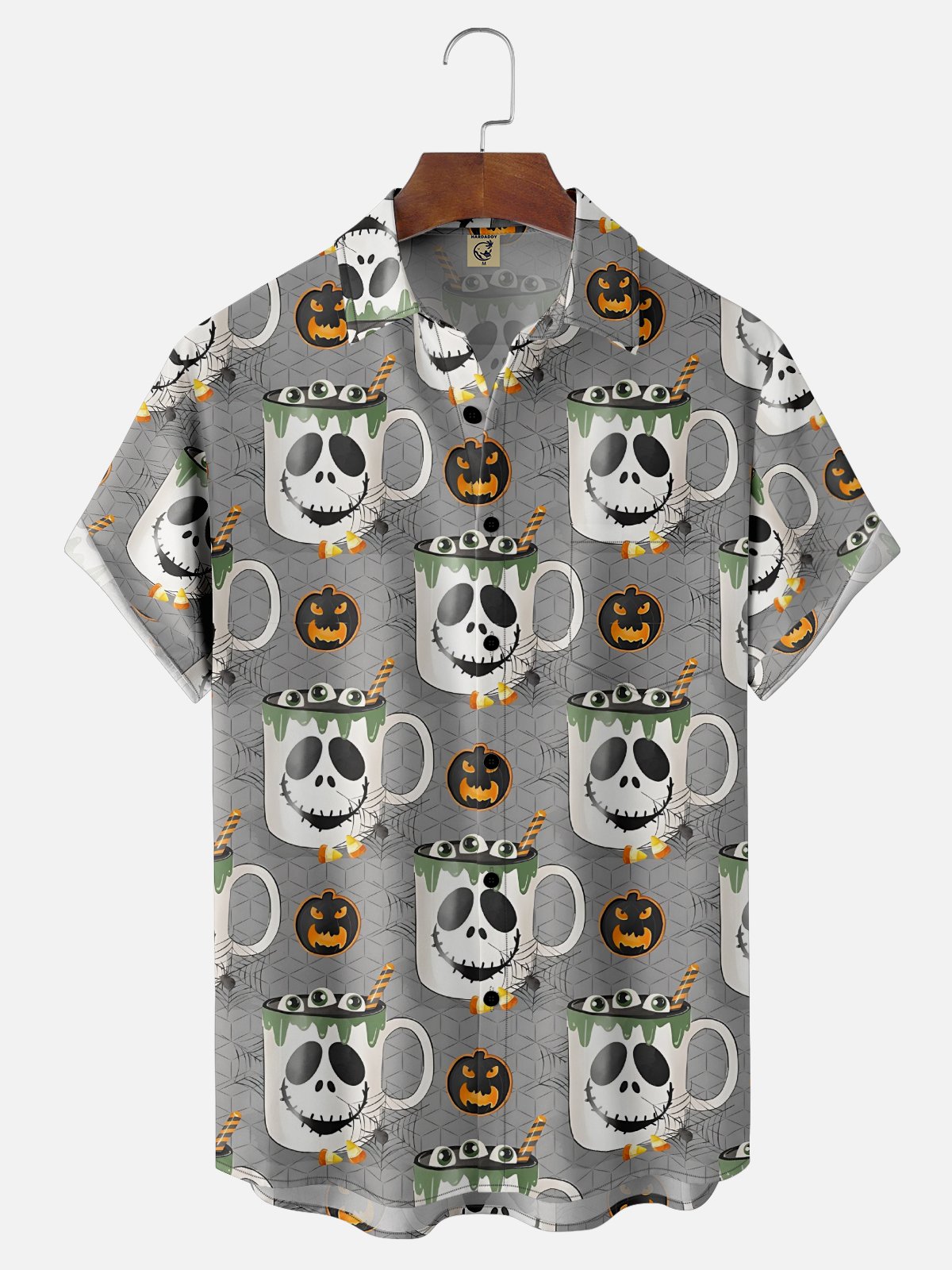 Moisture Wicking Halloween Pumpkin Ghost Chest Pocket Hawaiian Shirt