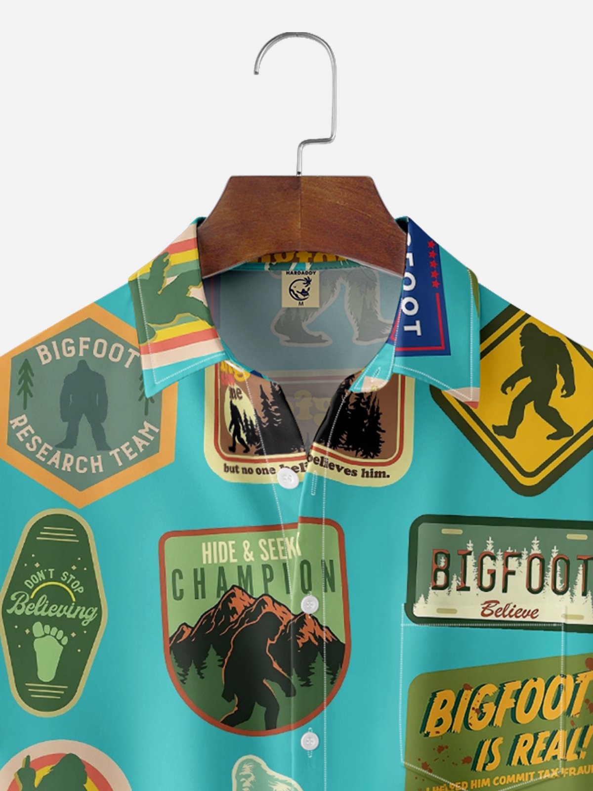 Moisture-Wicking Bigfoot Text Icon Chest Pocket Hawaiian Shirt
