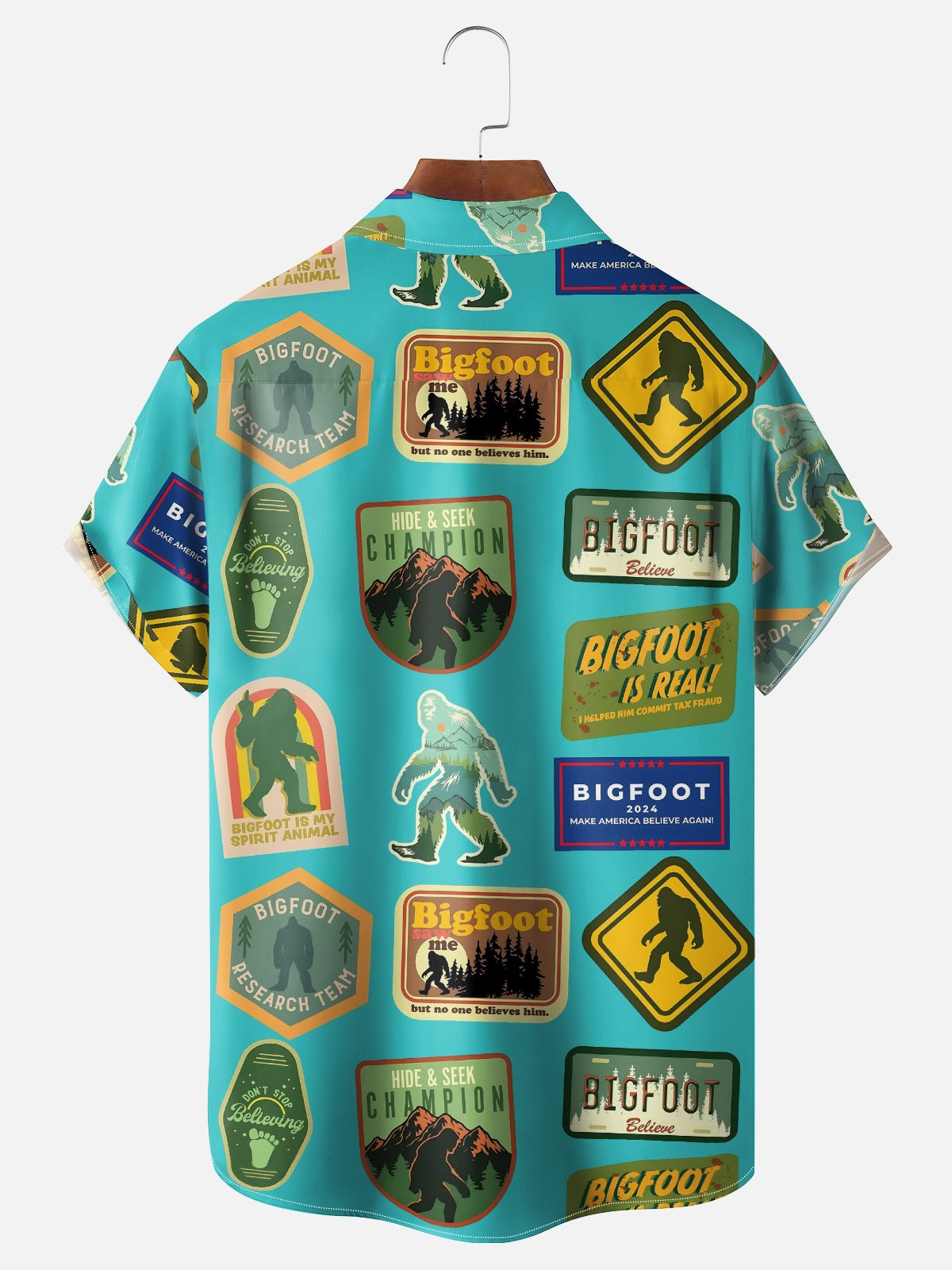 Moisture-Wicking Bigfoot Text Icon Chest Pocket Hawaiian Shirt