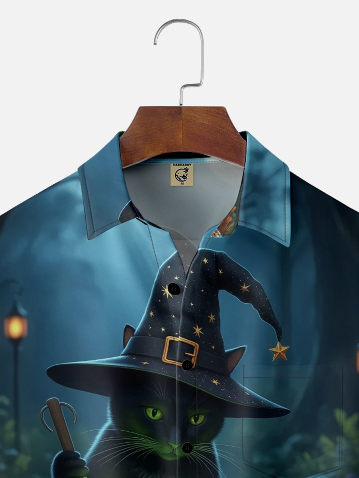 Moisture-wicking Halloween Cat Witch Magic Chest Pocket Casual Shirt