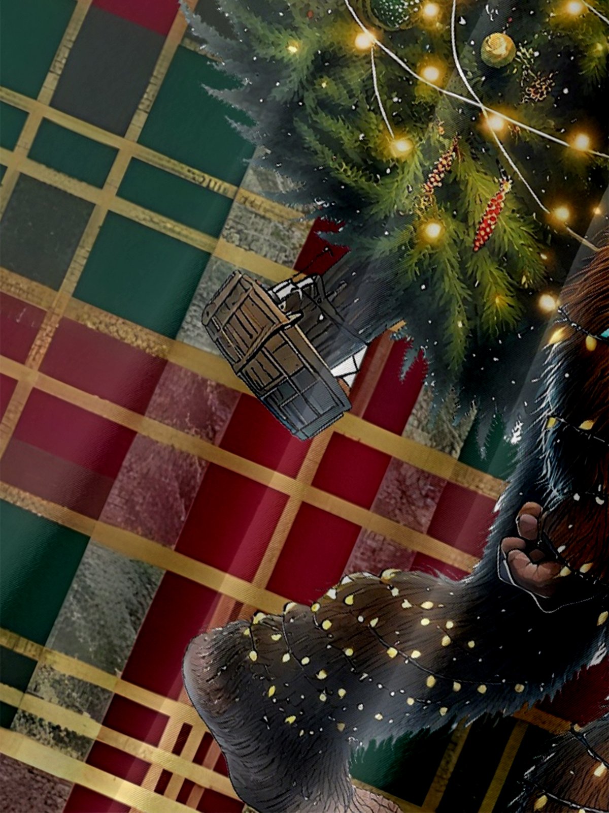 Moisture-Wicking Bigfoot Christmas Tree Lights Plaid Chest Pocket Hawaiian Shirt