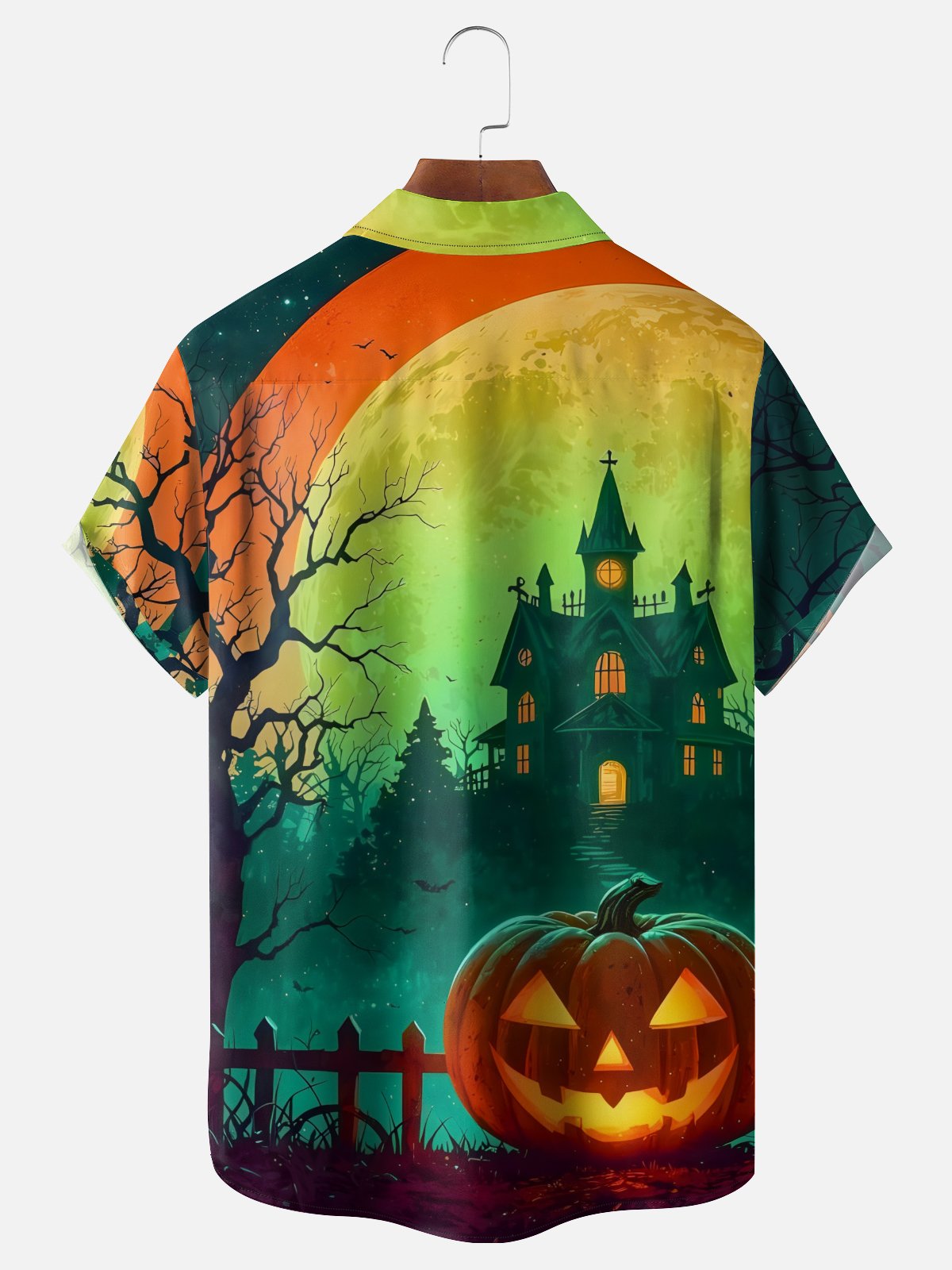 Moisture-wicking Halloween Pumpkin Castle Chest Pocket Casual Shirt