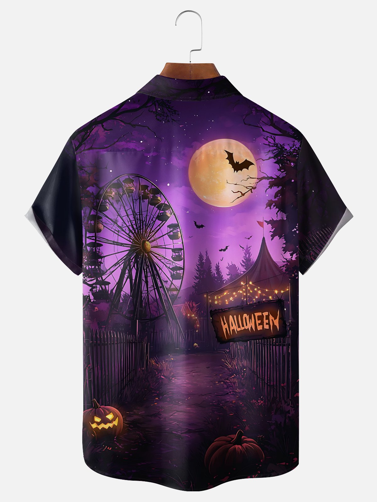 Moisture-wicking Halloween Pumpkin Ferris Wheel Scenery Chest Pocket Casual Shirt