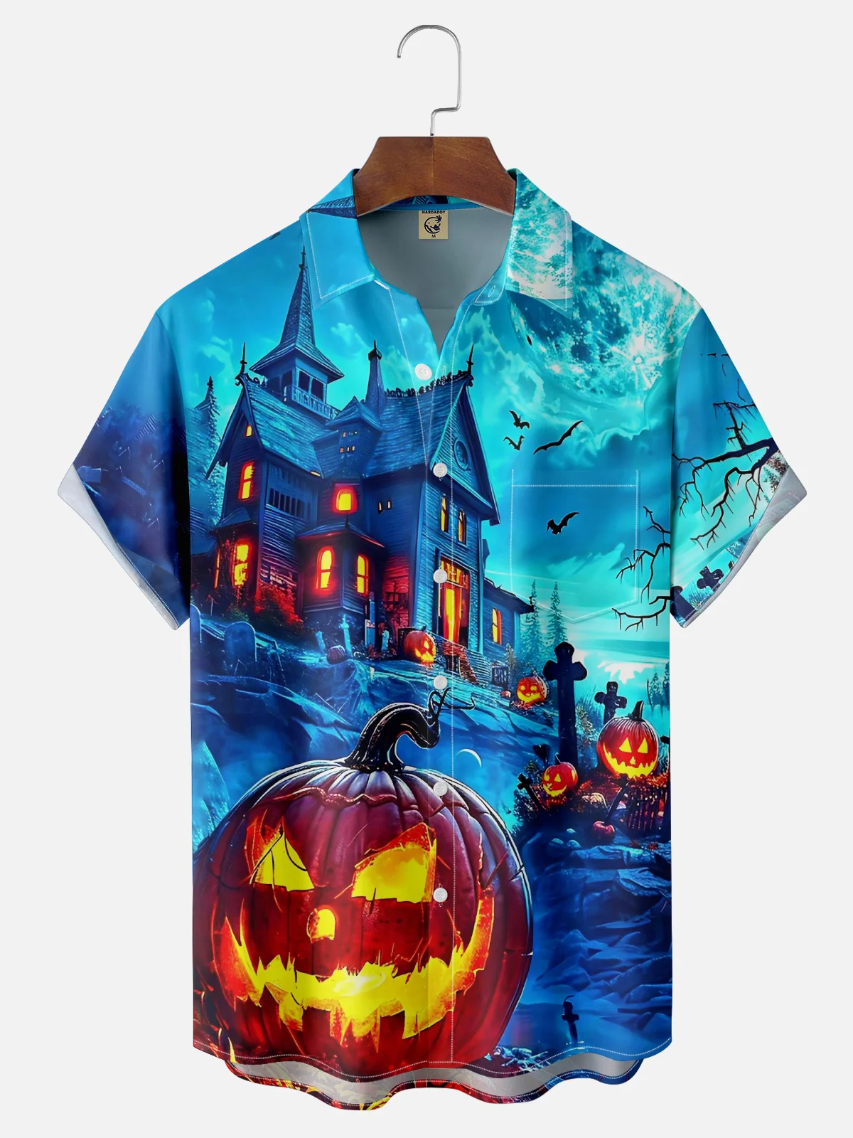 Moisture-wicking Halloween Pumpkin Castle Fun Chest Pocket Casual Shirt