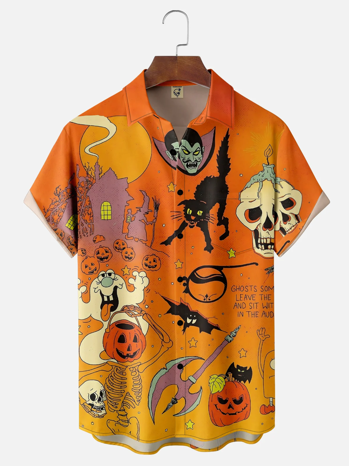 Moisture Wicking Halloween Pumpkin Ghost Chest Pocket Hawaiian Shirt