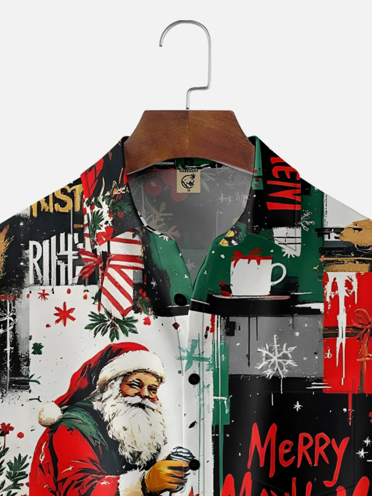 Moisture-Wicking Christmas Santa Claus Abstract Geometric Chest Pocket Hawaiian Shirt