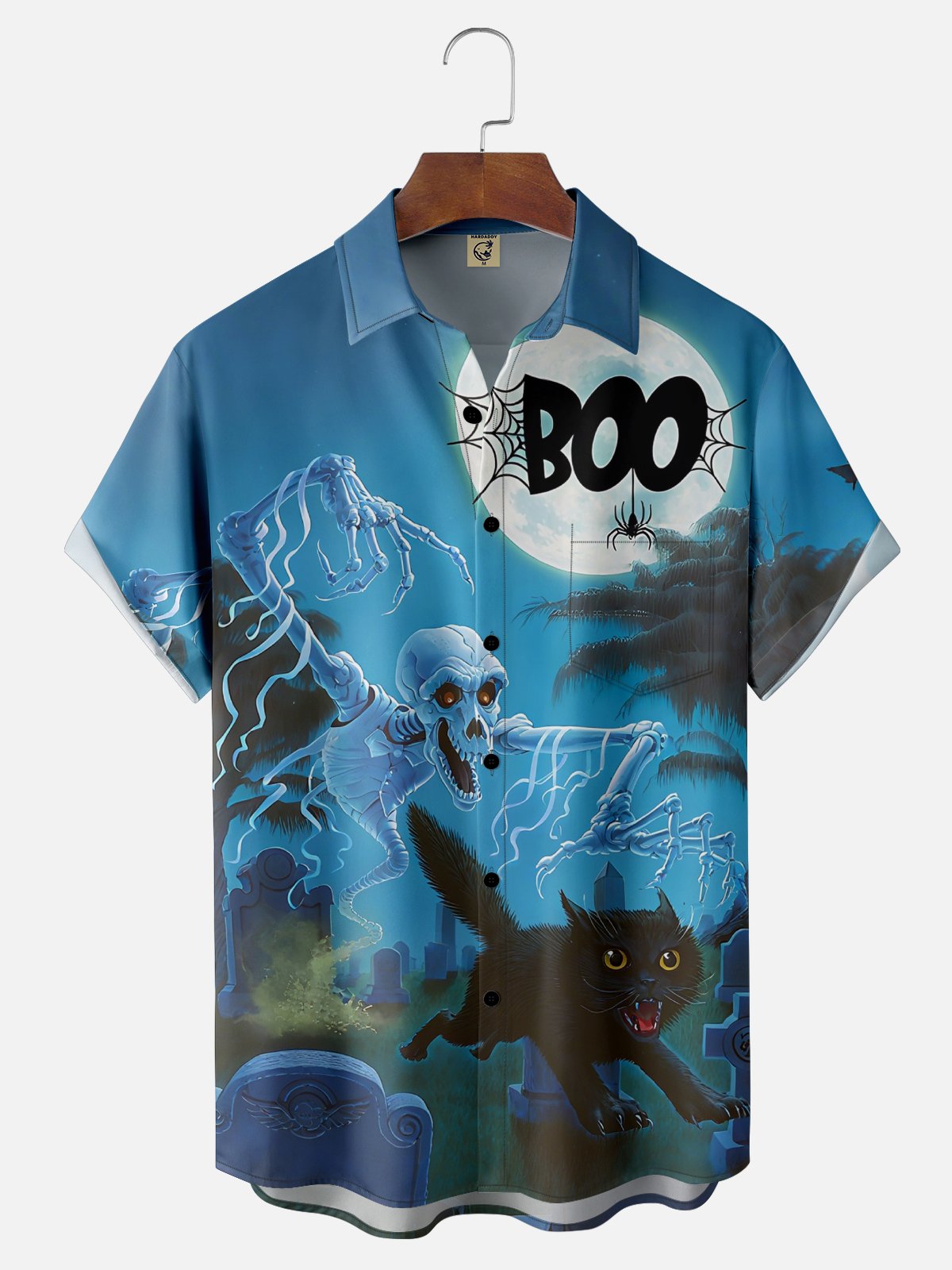 Moisture Wicking Halloween Skeleton Chasing Cat Chest Pocket Hawaiian Shirt