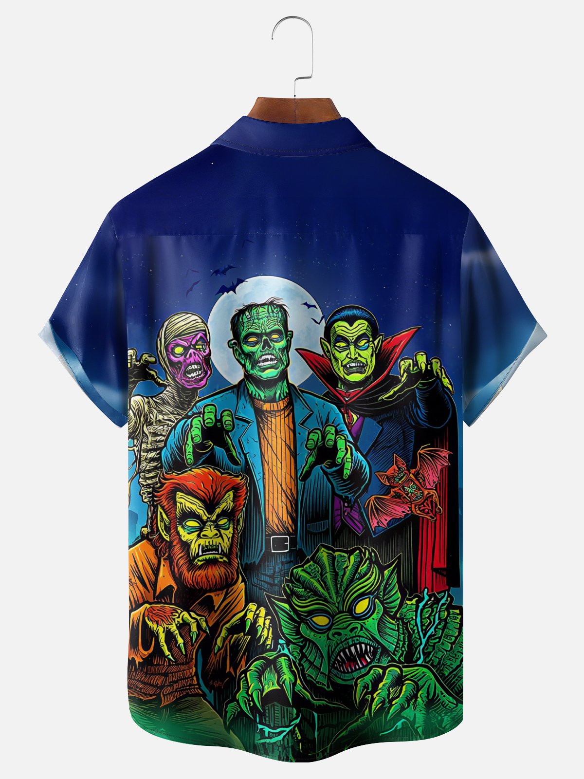 Moisture Wicking Halloween Monsters Chest Pocket Hawaiian Shirt