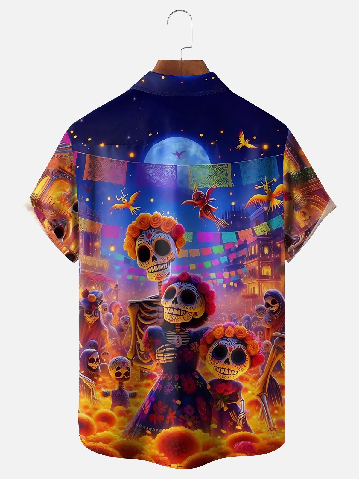 Moisture-wicking Day of the Dead Skeleton Fun Scene Chest Pocket Casual Shirt