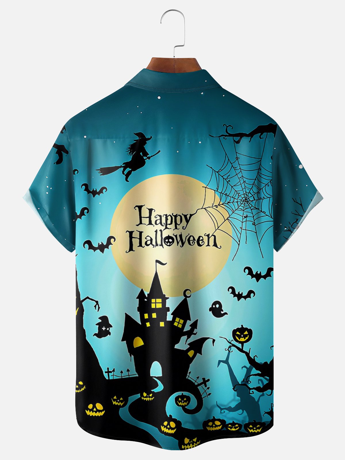 Moisture Wicking Halloween Witch Castle Chest Pocket Hawaiian Shirt