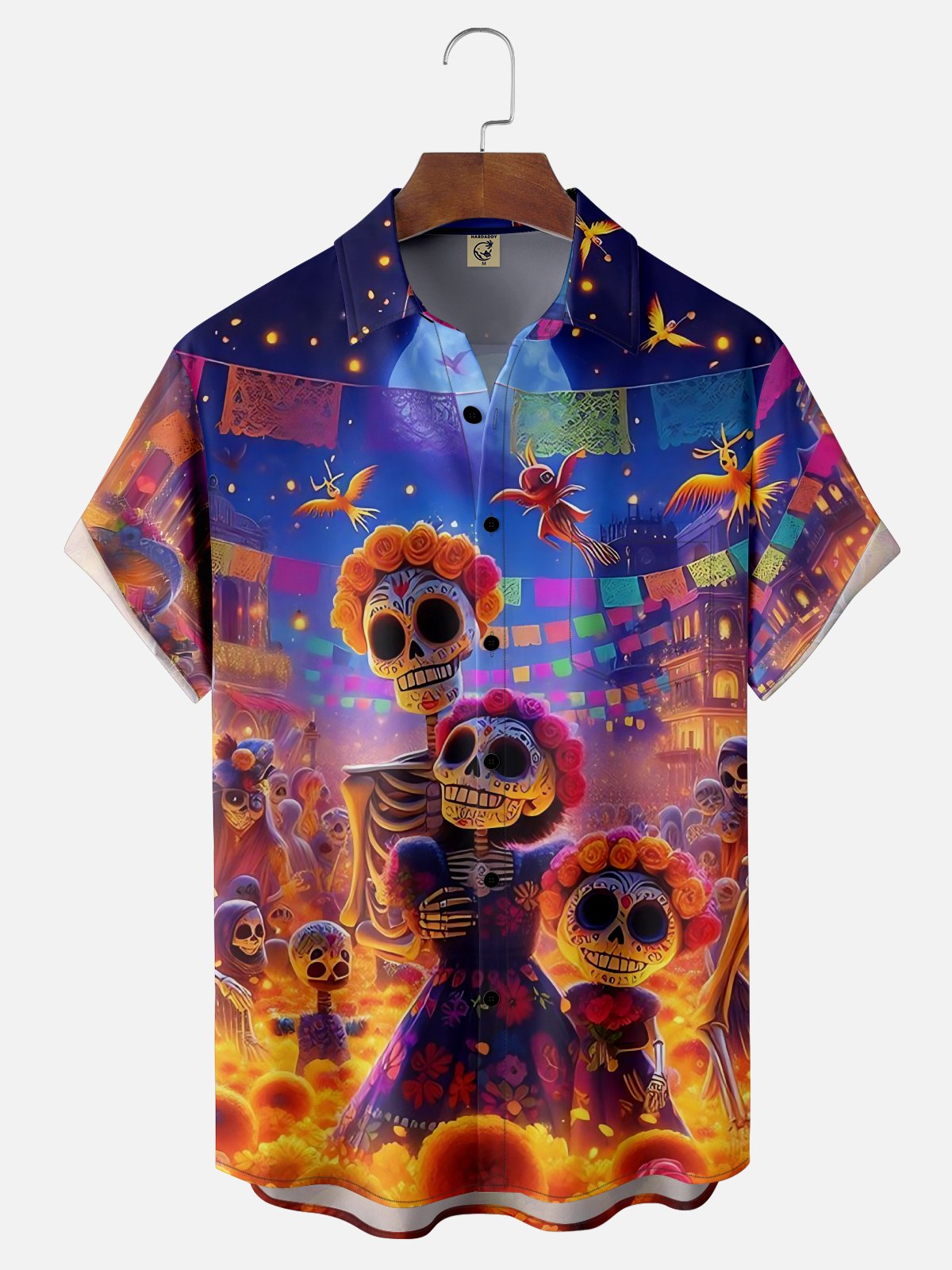 Moisture-wicking Day of the Dead Skeleton Fun Scene Chest Pocket Casual Shirt