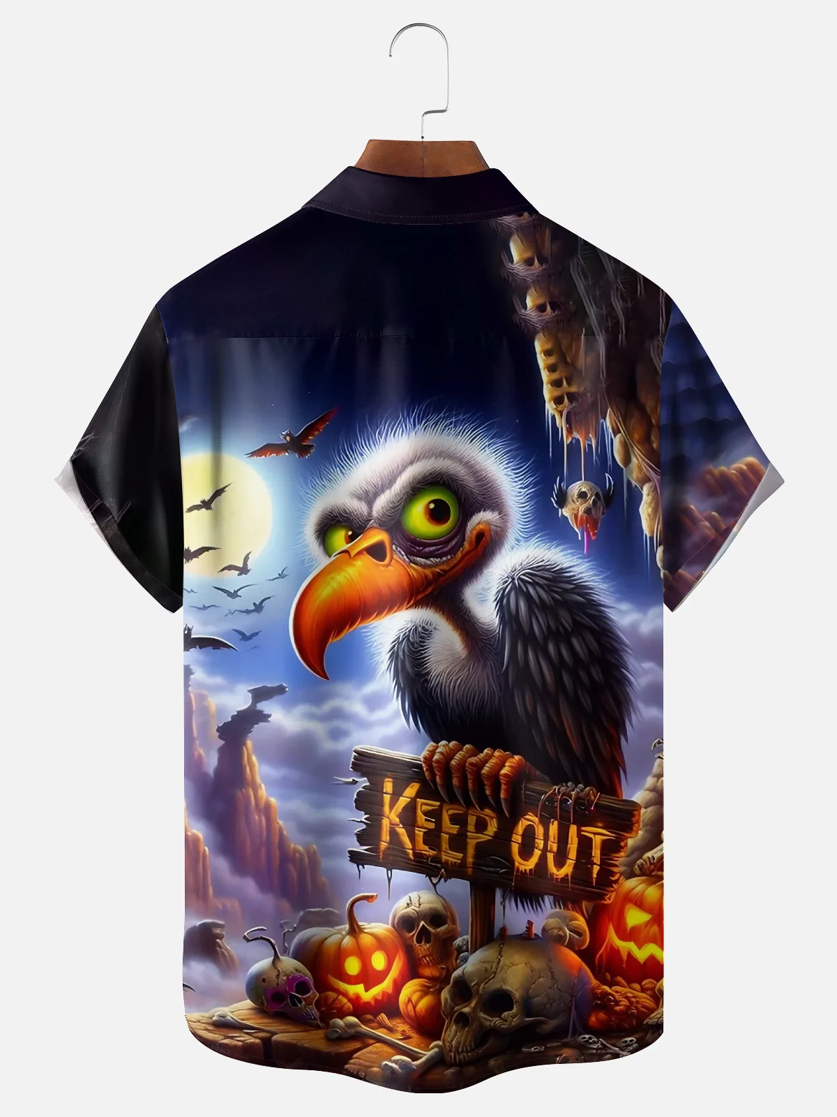 Moisture Wicking Halloween Skull Pumpkin Vulture Chest Pocket Hawaiian Shirt