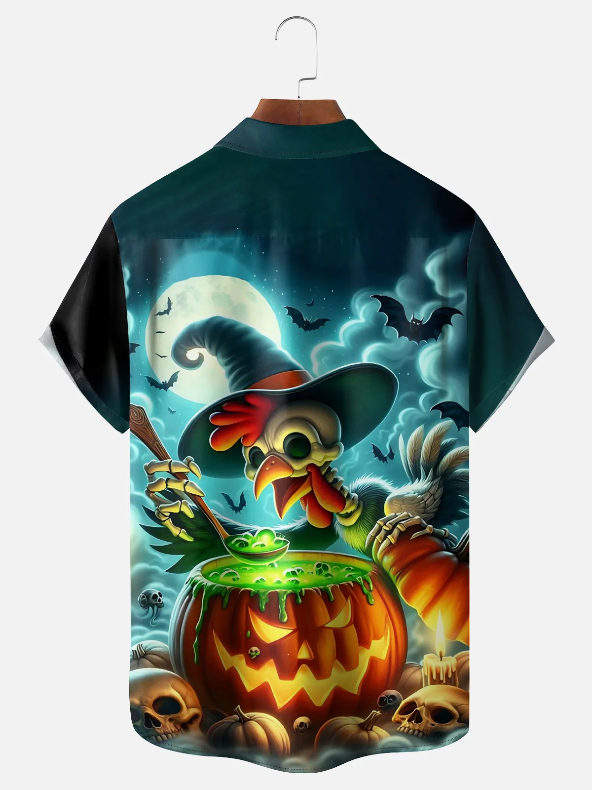 Moisture Wicking Halloween Pumpkin Wizard Skull Chicken Chest Pocket Hawaiian Shirt