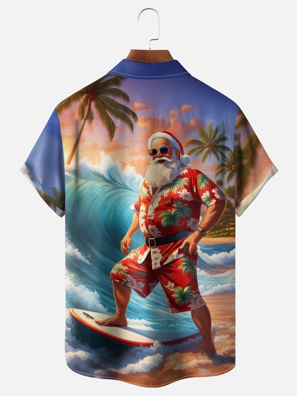 Moisture-Wicking Christmas Santa Surf Chest Pocket Hawaiian Shirt