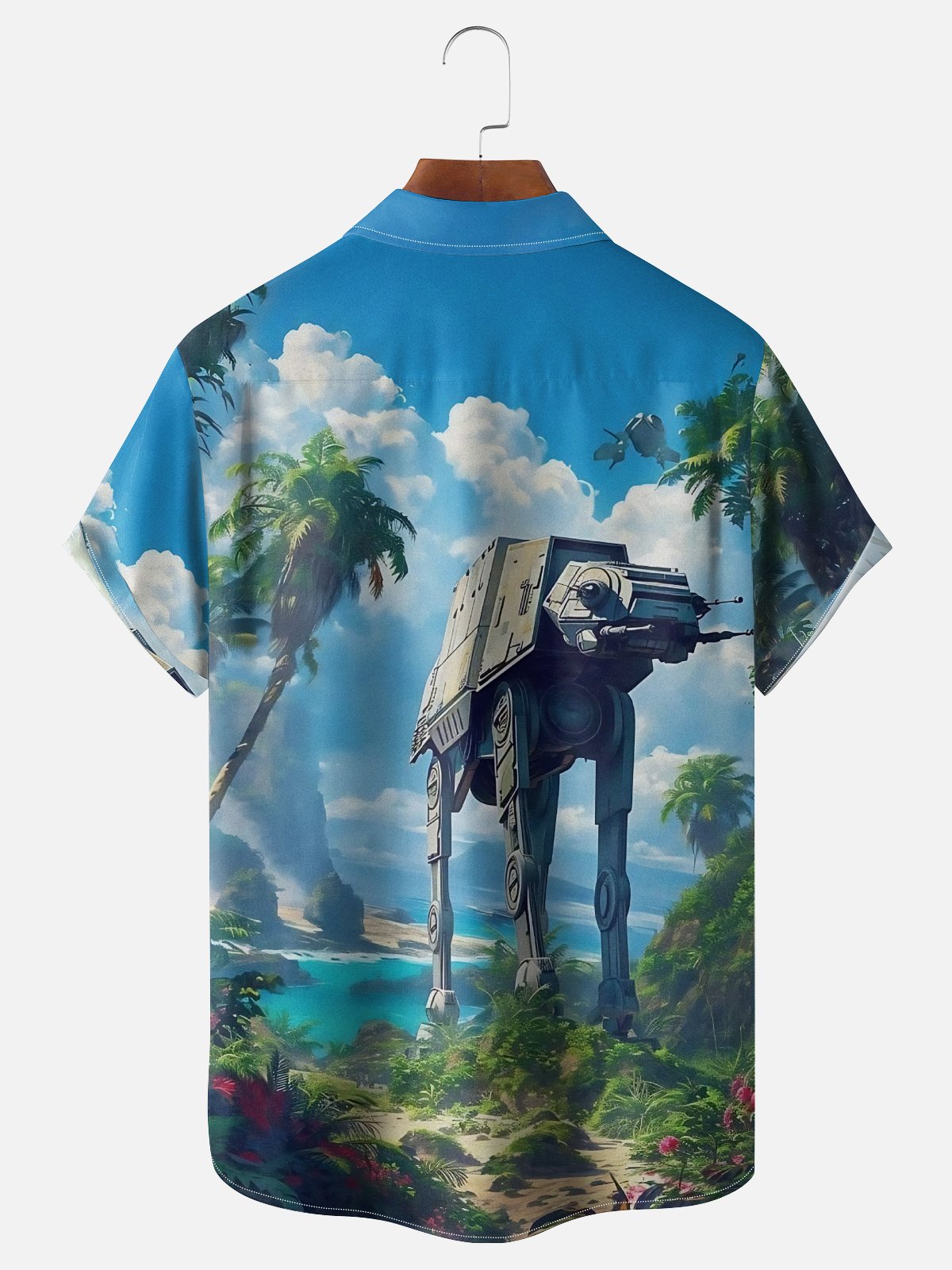 Moisture-Wicking Star Robot Coconut Tree Pocket Hawaiian Shirt