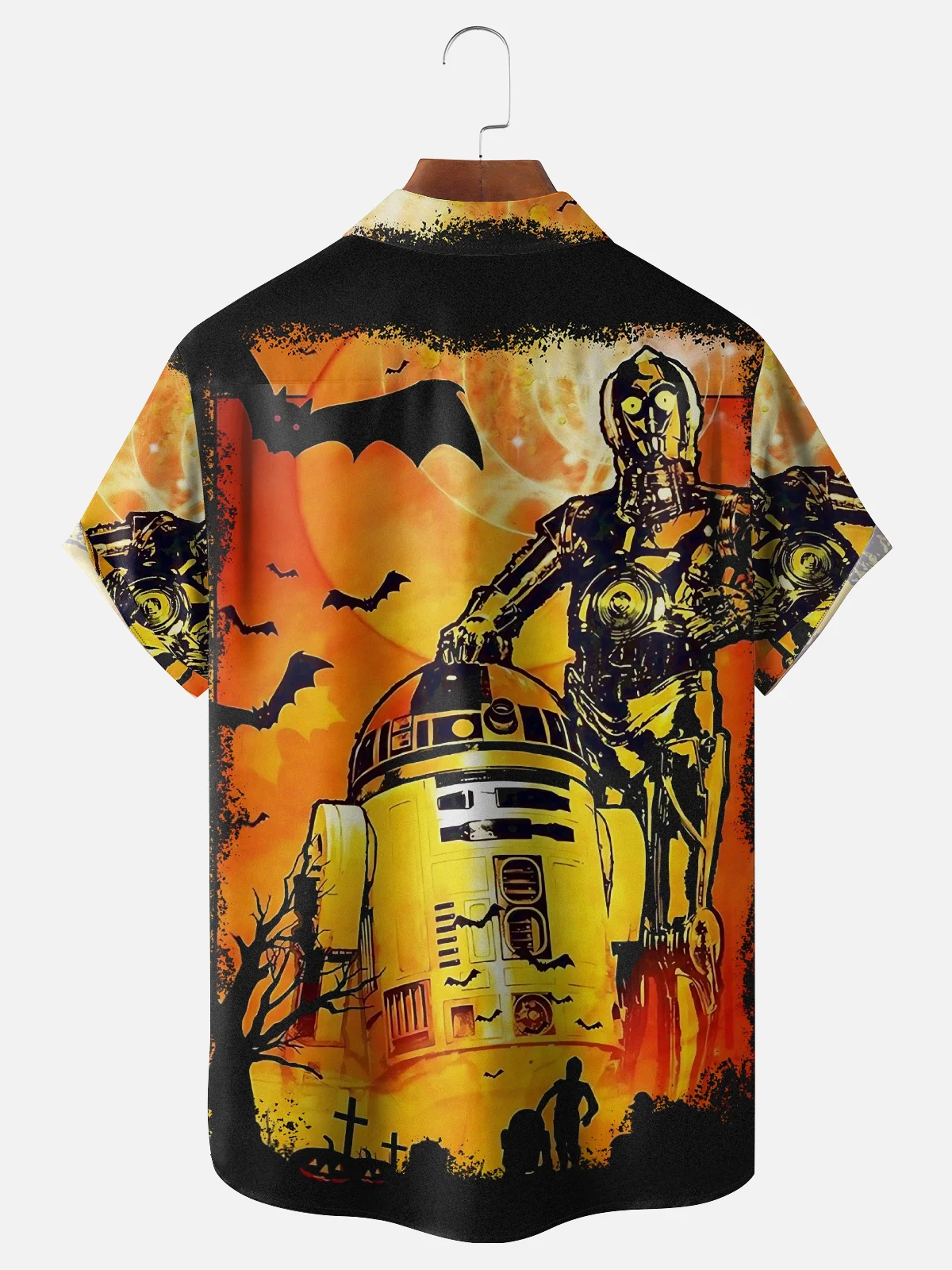 Moisture-Wicking Halloween Star Robot Bat Chest Pocket Hawaiian Shirt