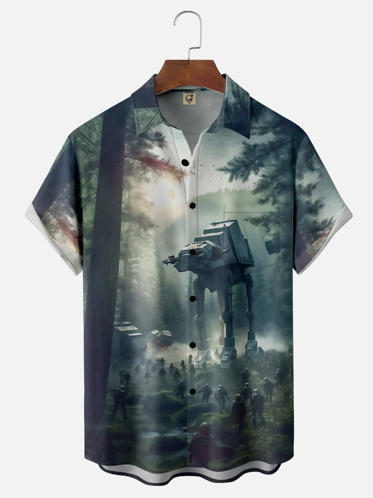 Moisture-Wicking Star Forest Robot Pocket Hawaiian Shirt