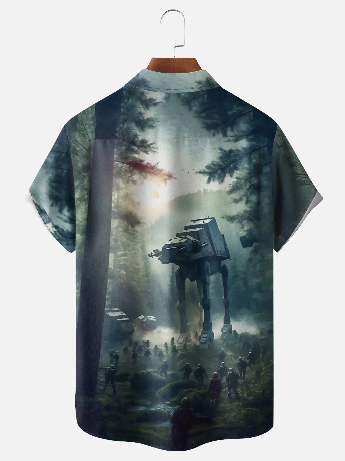 Moisture-Wicking Star Forest Robot Pocket Hawaiian Shirt