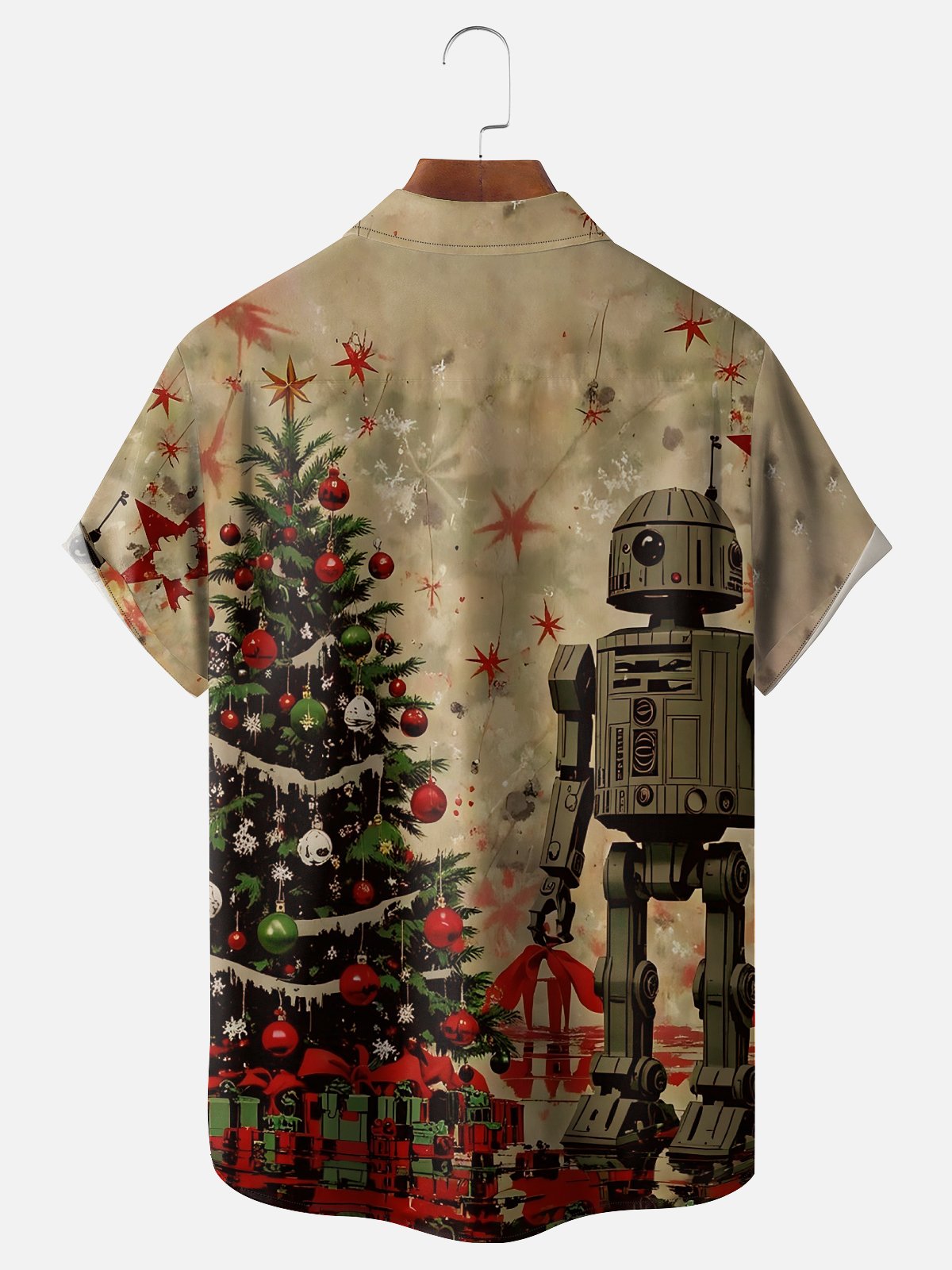 Moisture-Wicking Christmas Star Robot Christmas Tree Chest Pocket Hawaiian Shirt