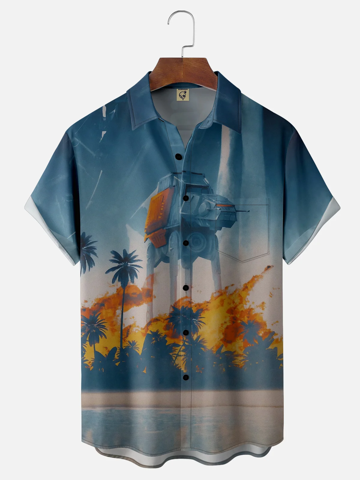 Moisture-Wicking Star Robot Coconut Tree Pocket Hawaiian Shirt