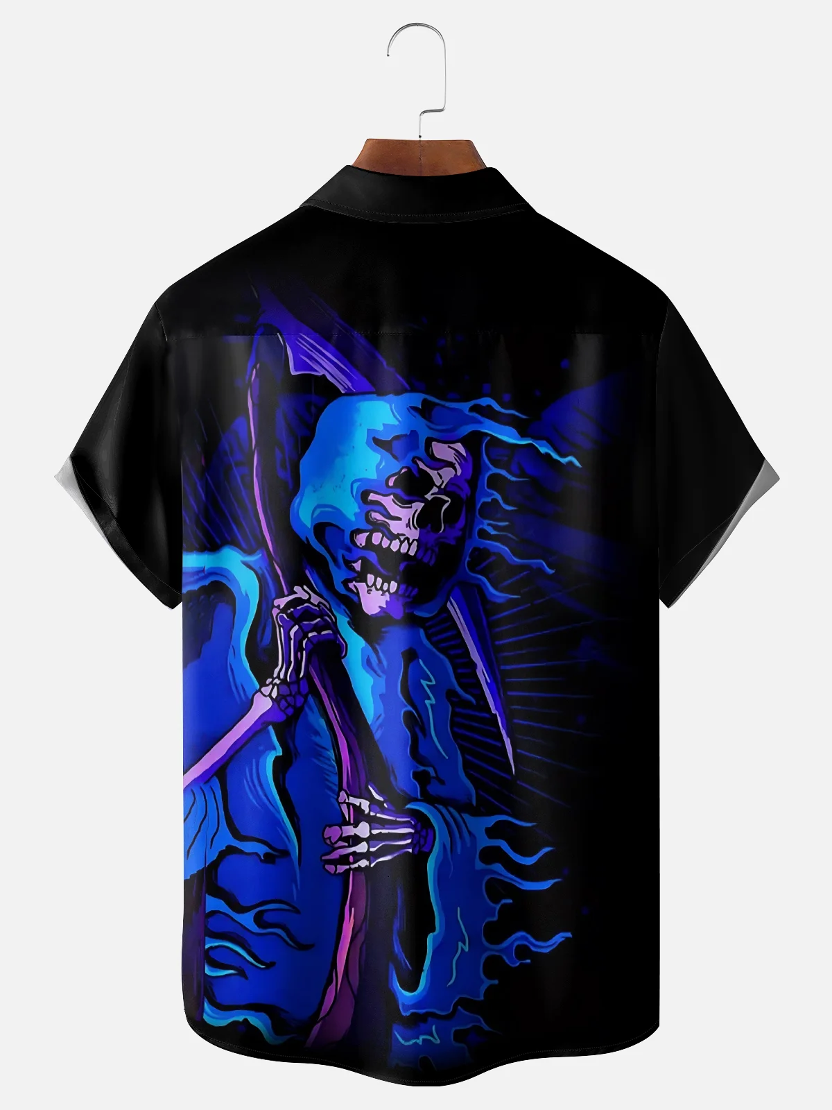 Moisture Wicking Day of the Dead Skull Grim Reaper Chest Pocket Hawaiian Shirt