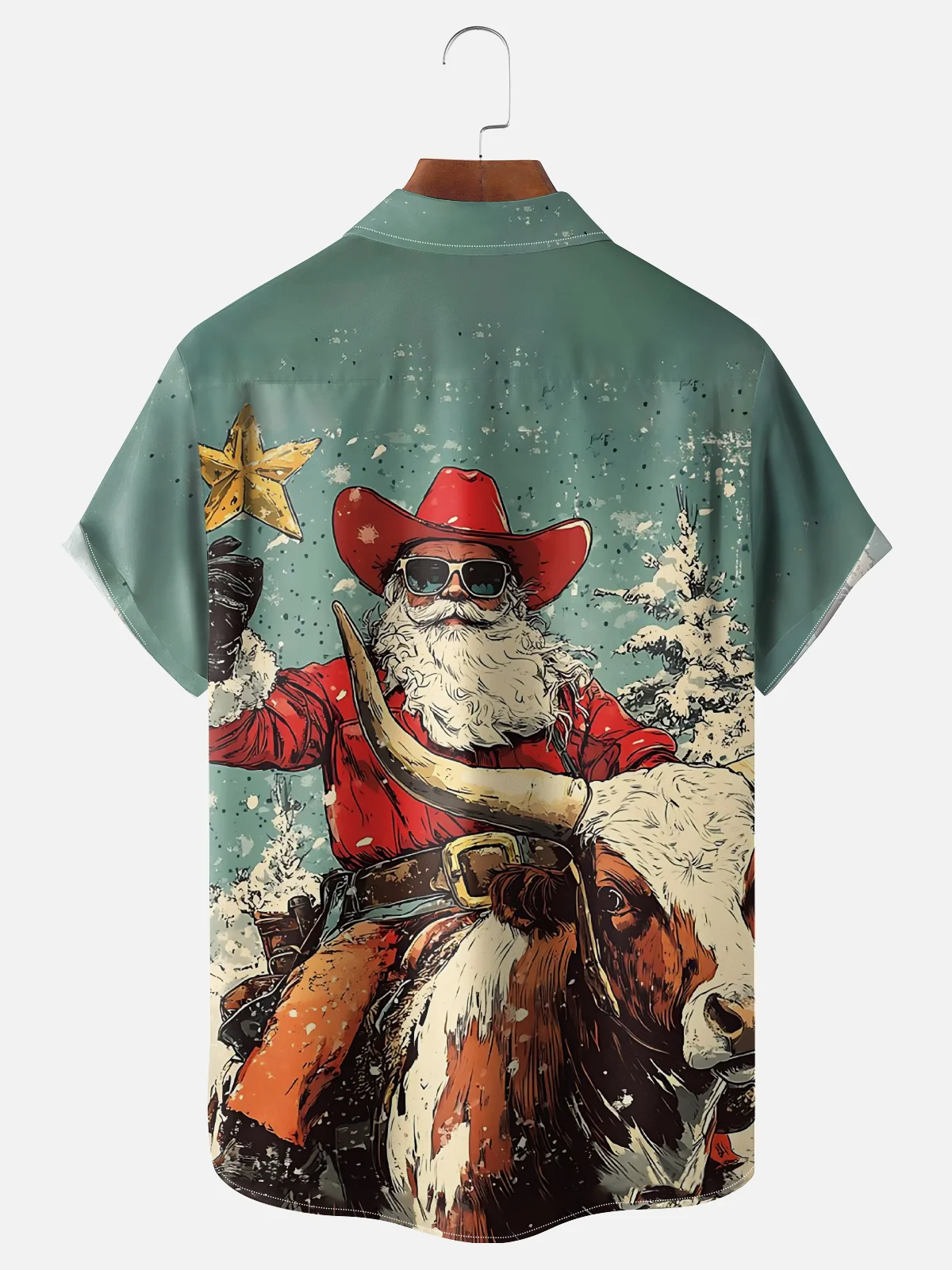Moisture Wicking Merry Christmas Santa Claus Riding Bull Chest Pocket Hawaiian Shirt