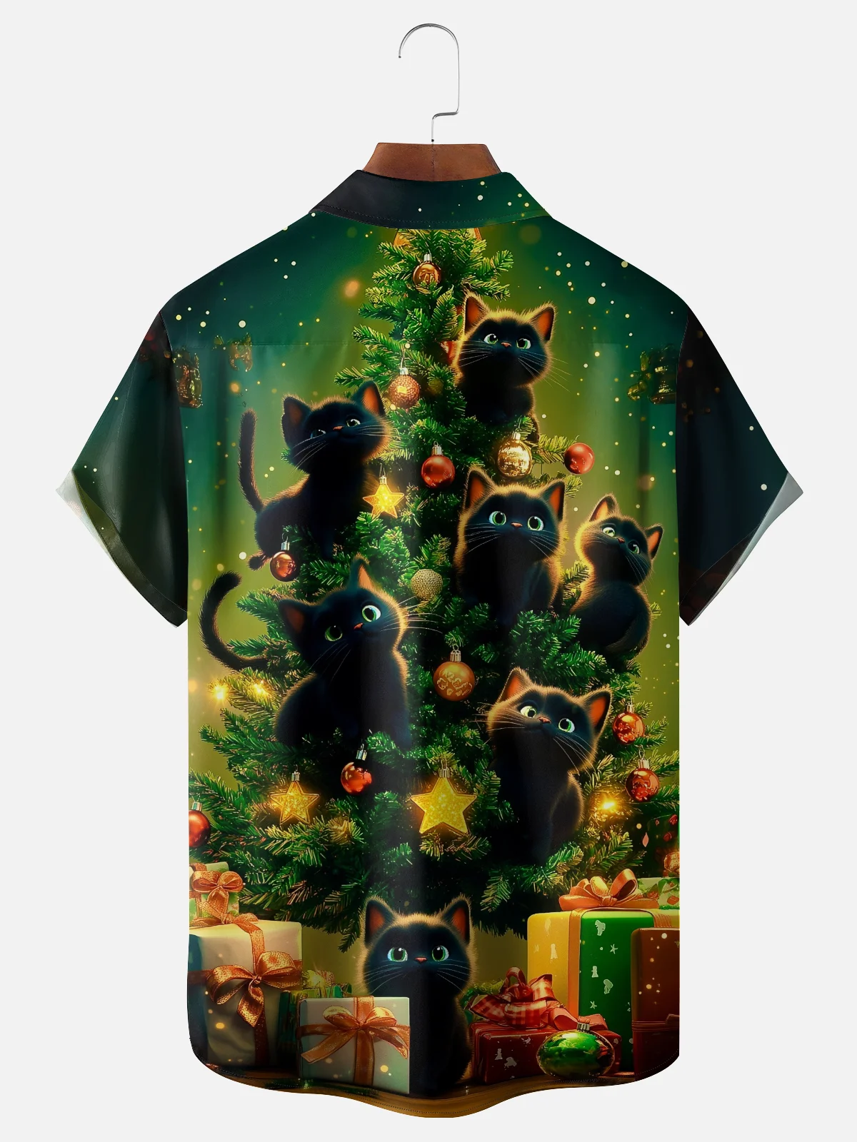 Moisture-wicking Christmas Tree Cat Chest Pocket Casual Shirt