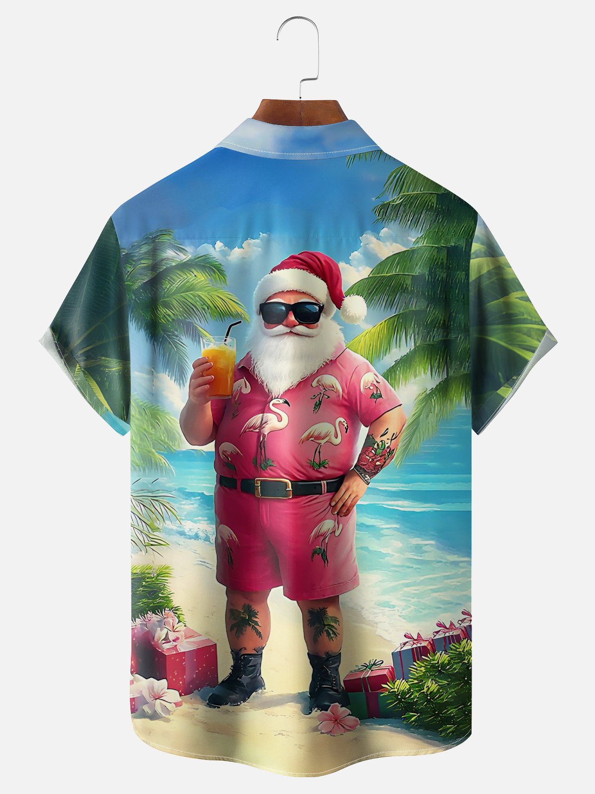 Moisture Wicking Merry Christmas Beach Vacation Old Man Chest Pocket Hawaiian Shirt