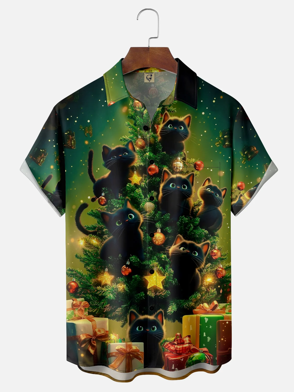 Moisture-wicking Christmas Tree Cat Chest Pocket Casual Shirt