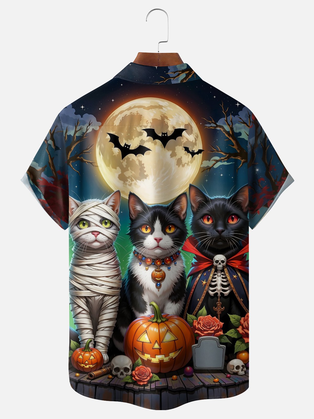 Moisture-wicking Halloween Cat Pumpkin Skull Chest Pocket Casual Shirt