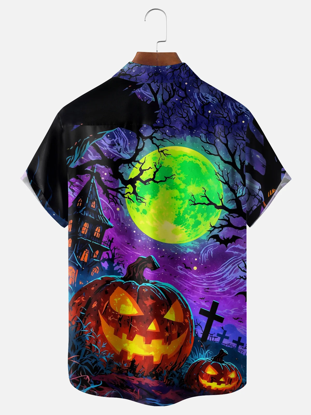 Tall Size Moisture-wicking Halloween Pumpkin Graveyard Fun Chest Pocket Casual Shirt
