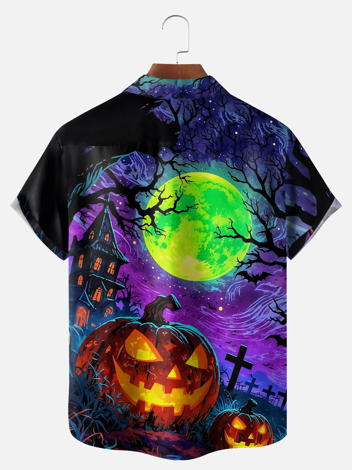 Big Size Moisture-wicking Halloween Pumpkin Graveyard Fun Chest Pocket Casual Shirt