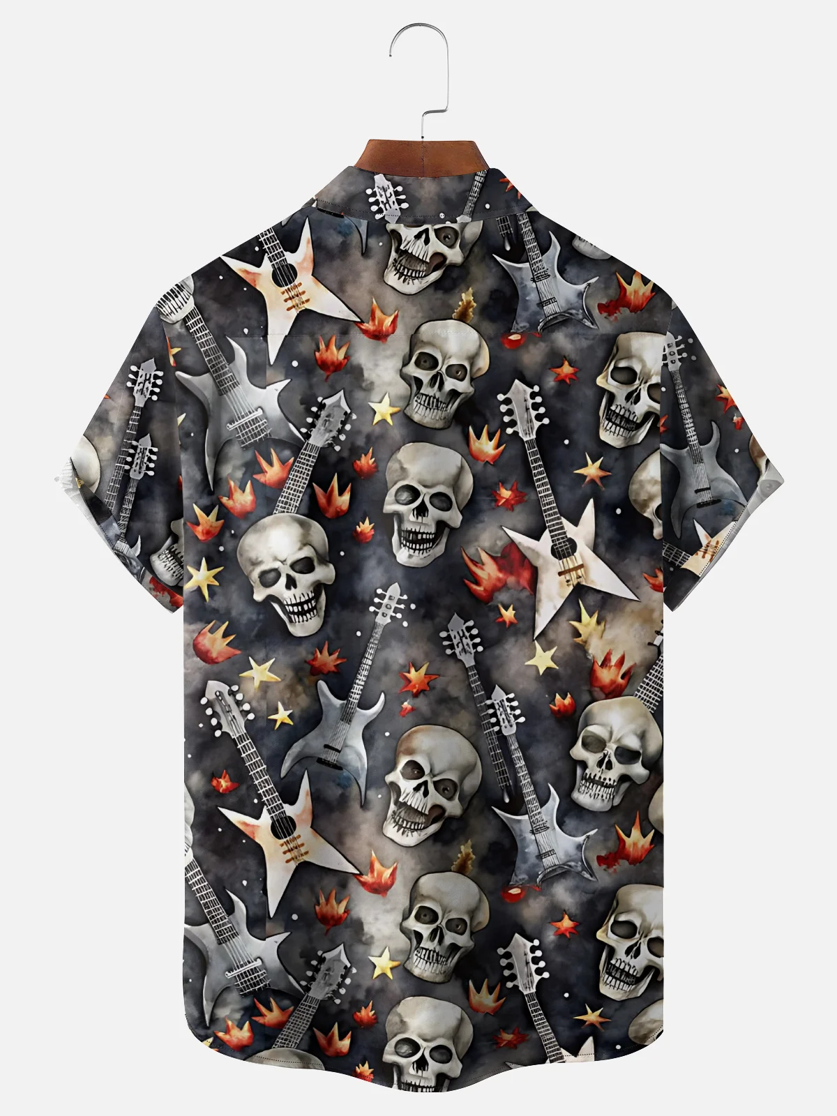 Moisture-Wicking Rock Punk Gradient Skull Guitar Chest Pocket Hawaiian Shirt