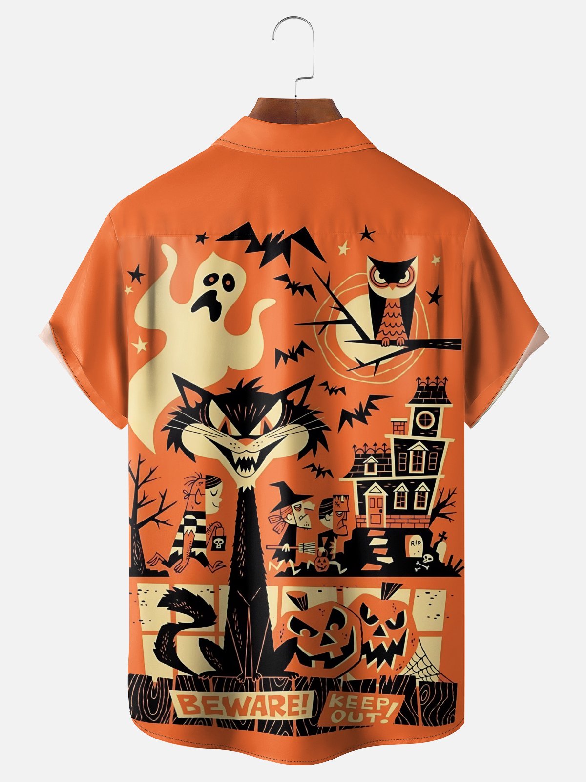 Moisture-wicking Vintage Halloween Cat Chest Pocket Casual Shirt
