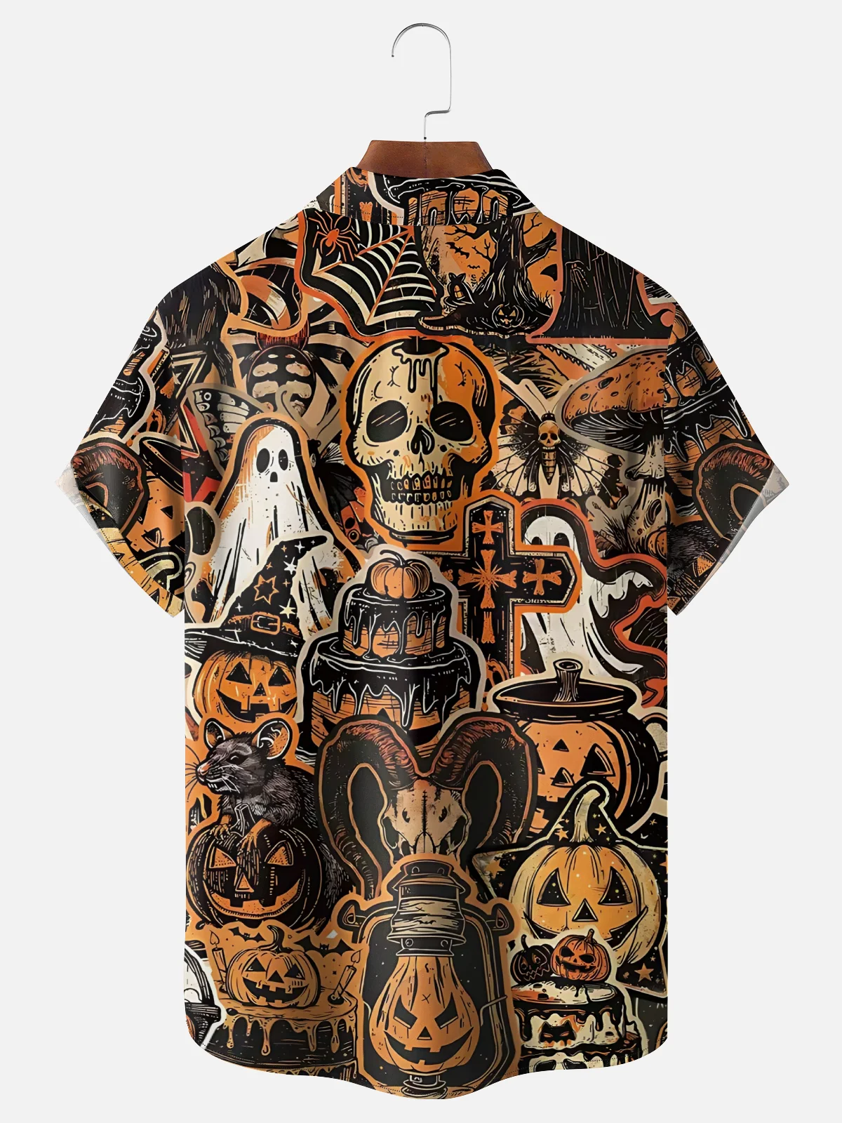 Moisture-Wicking Halloween Skull Pumpkin Ghost Spider Chest Pocket Hawaiian Shirt
