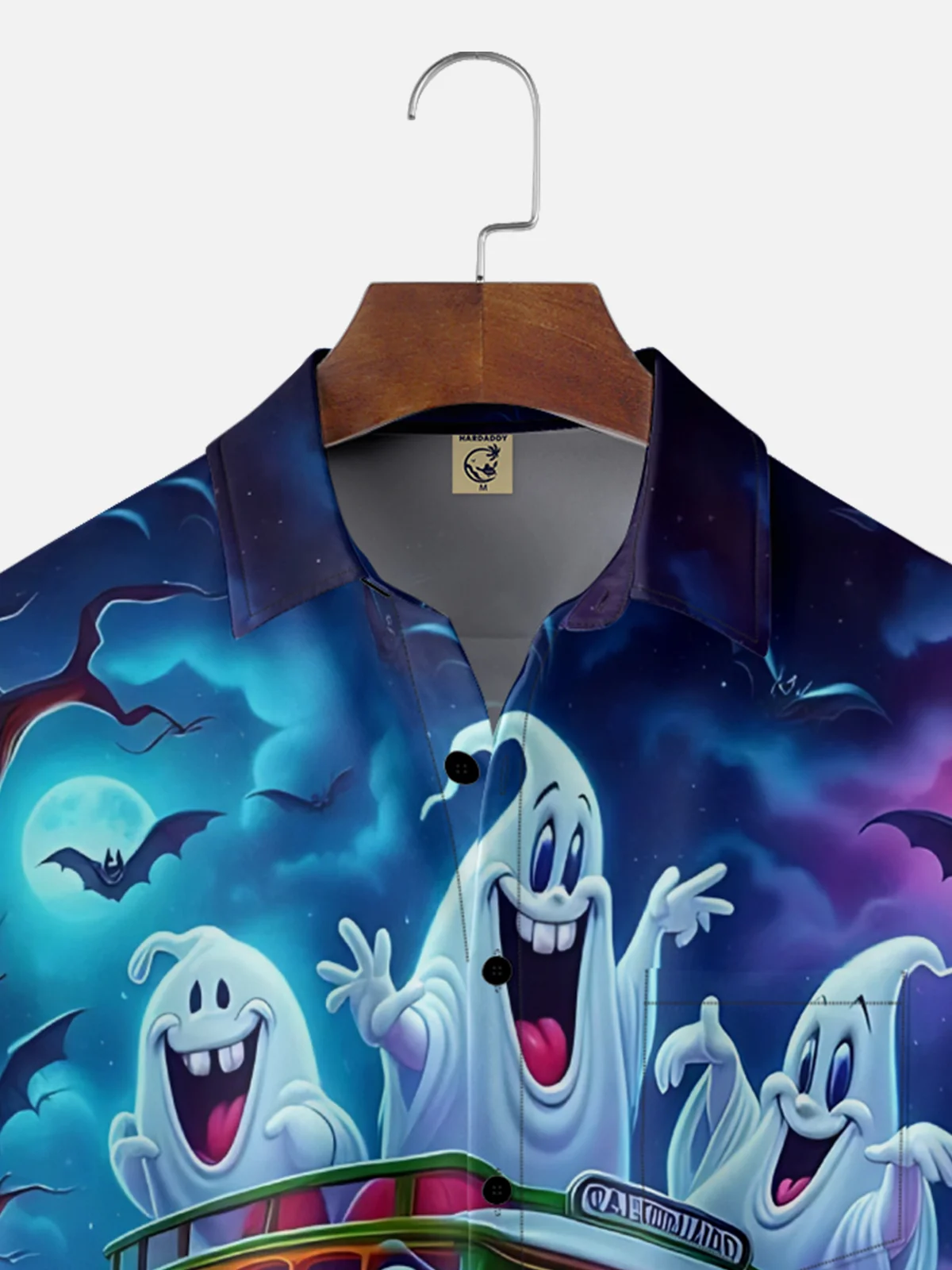 Moisture-Wicking Halloween Gradient Ghost Car Pumpkin Chest Pocket Hawaiian Shirt