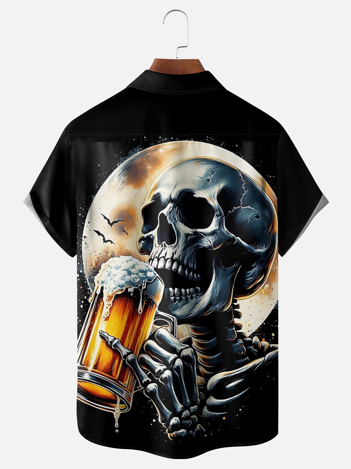 Moisture-Wicking Halloween Beer-Drinking Skeleton Chest Pocket Hawaiian Shirt