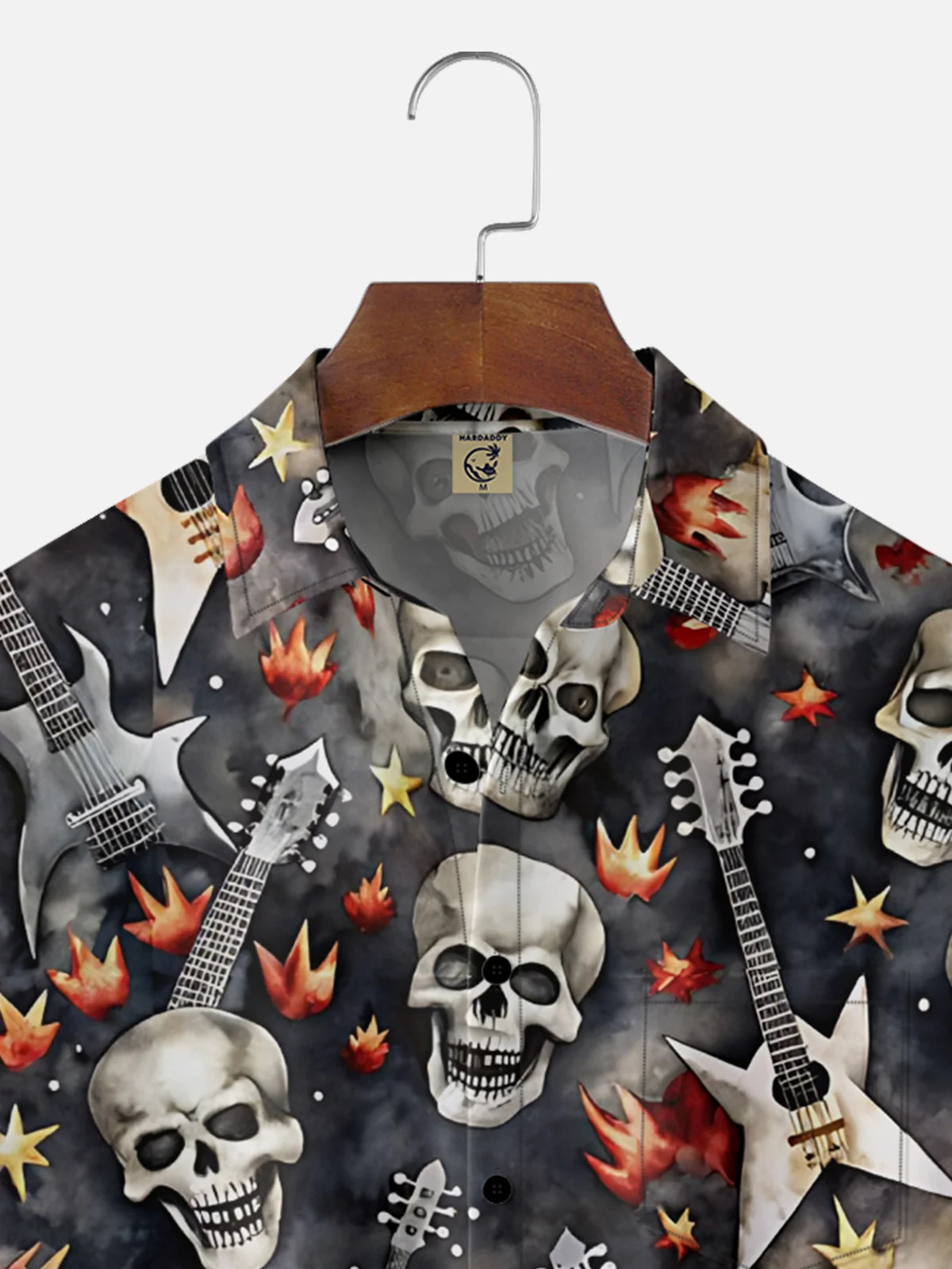 Moisture-Wicking Rock Punk Gradient Skull Guitar Chest Pocket Hawaiian Shirt
