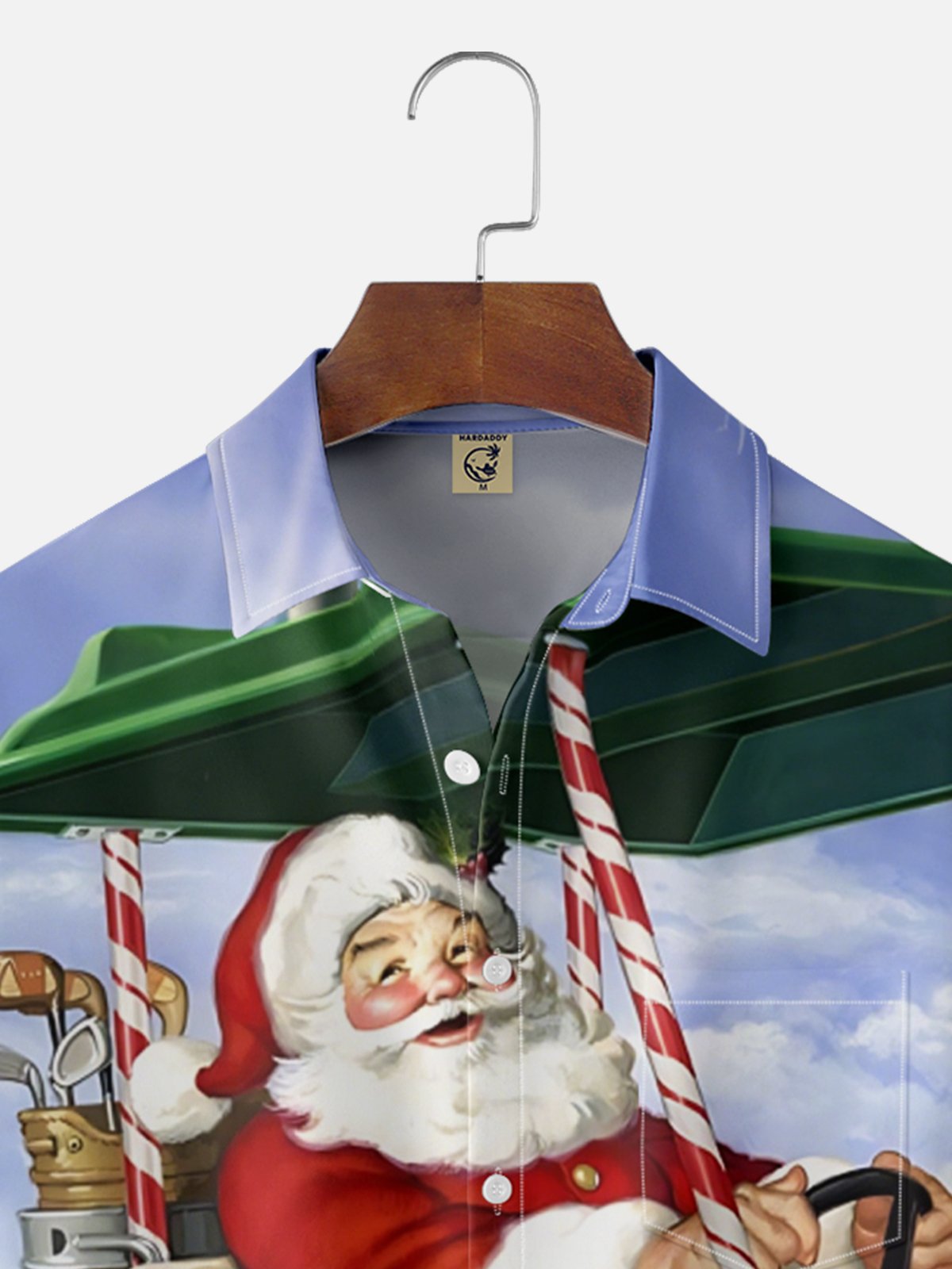 Moisture-Wicking Santa Claus Playing Golf Chest Pocket Hawaiian Shirt