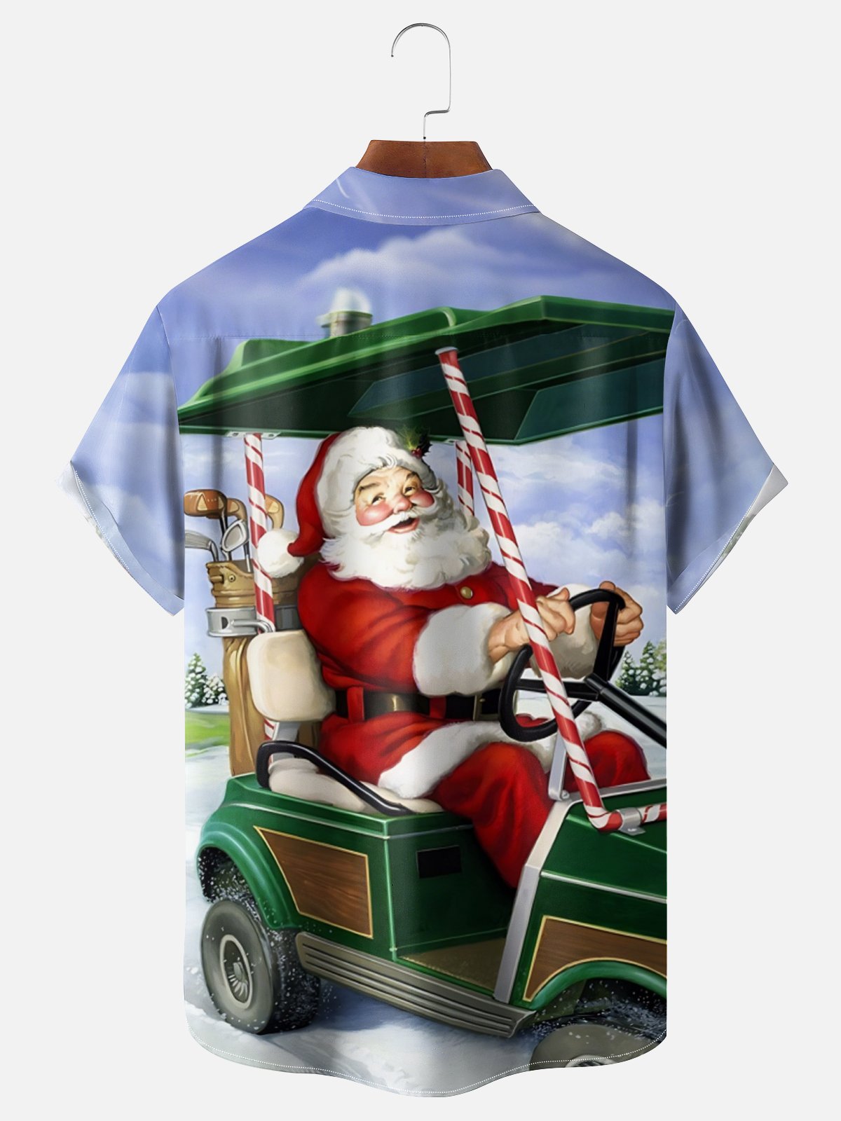 Moisture-Wicking Santa Claus Playing Golf Chest Pocket Hawaiian Shirt