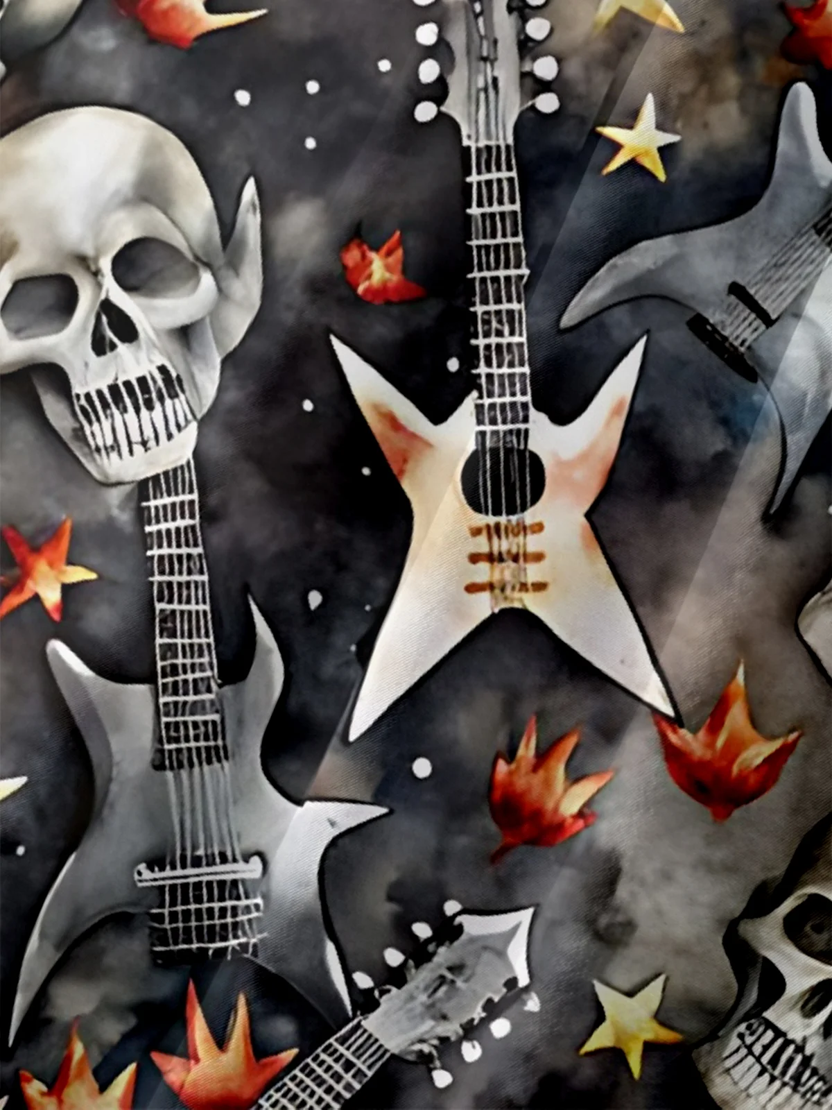 Moisture-Wicking Rock Punk Gradient Skull Guitar Chest Pocket Hawaiian Shirt